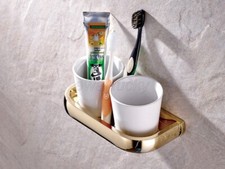 Gold Brass Toothbrush Holder with Ceramic Cup Wall Mounted Bathroom Accessory