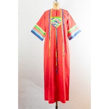 Vintage 70s Amazing Festival Caftan, Orange Rainbows, Ribbon Trim, Pockets Med