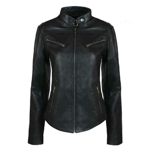 Women's Real Leather Café Racer Biker Motorcycle Fashion Jacket-Black - Picture 2 of 12