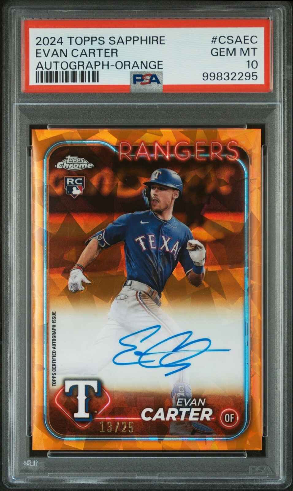 2024 TOPPS CHROME SAPPHIRE CHROME SAPPHIRE AUTOS ORANGE EVAN CARTER 13/25 PSA 10