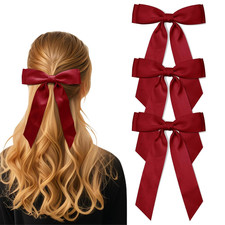 3Pcs Dull Red Hair Bows for Women Double-Layer Long Tail Bow Hair Clip Hair Ribb