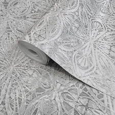 Gray silver metallic Moroccan lace ornamental damask textured wallpaper rolls 3D