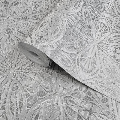 Gray silver metallic Moroccan lace ornamental damask textured wallpaper rolls 3D