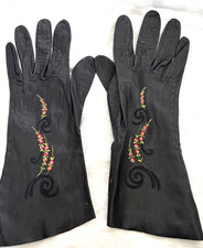 1950's Vintage Black Kid Gloves with Embroidered Pink Florals