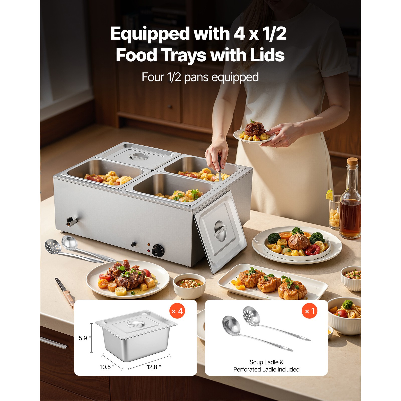 Uimoso Commercial Countertop Food Warmer 4 Pans Buffet Bain Marie Steam Table