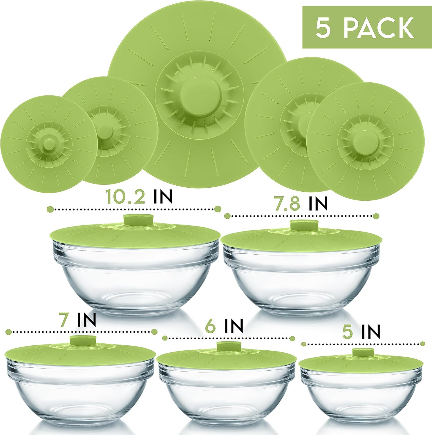 Silicone Bowl Lids Green Set of 5 Reusable Suction Seal Covers for Bowls, Pots, 