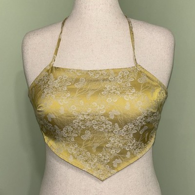 Pretty Garbage Gold Satin Floral Print Halter Top Cropped Boho Fairy Women s S