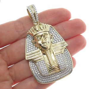 Authentic 925 Sterling Silver Gold Plated Round-Cut Shaped C Z Egyptian Pharaoh Pendant