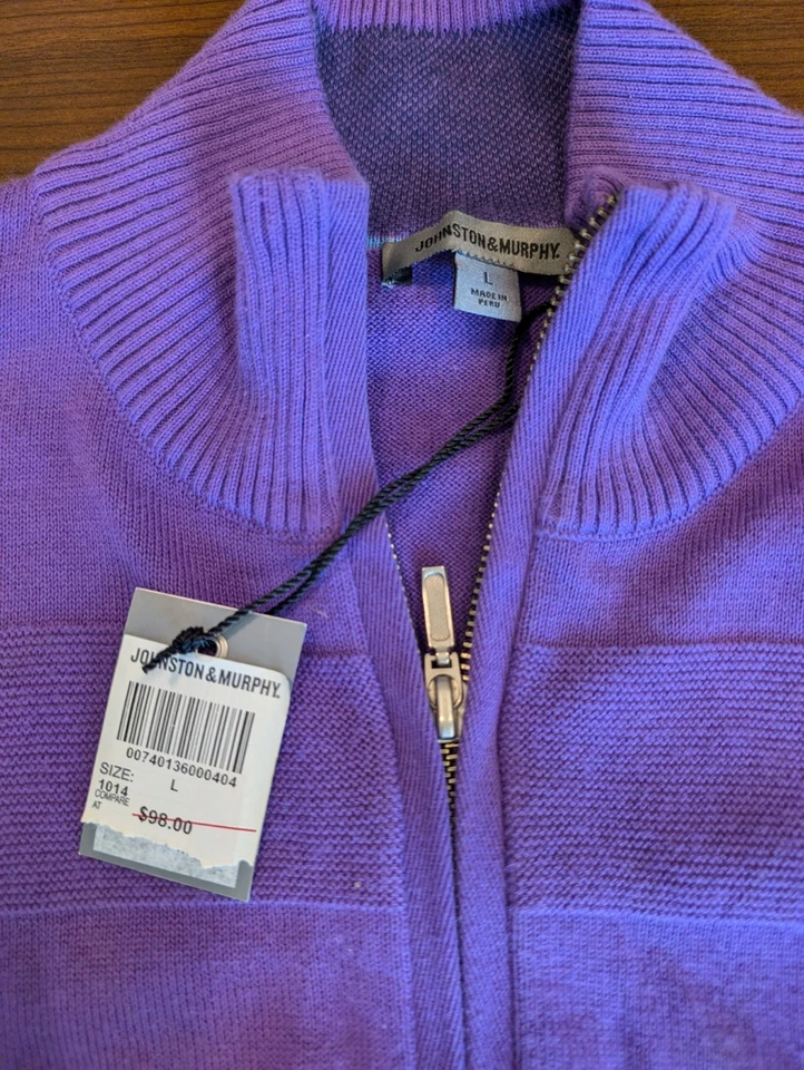 NUEVO CON ETIQUETAS Johnston & Murphy Hombres L Púrpura 1/4 Cremallera Algodón Pima Perú Golf Suéter Chaleco Foto 4 de 4