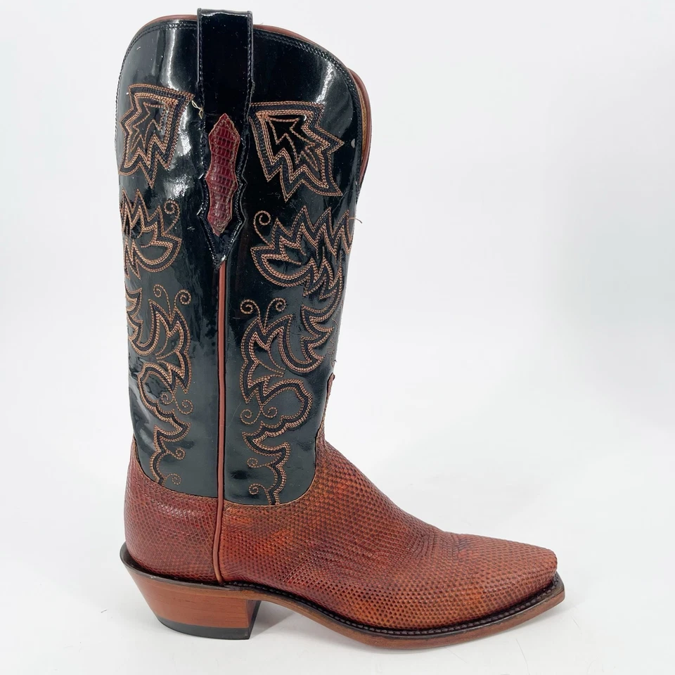 Lucchese Women’s 7 Black & Cognac Lizard Print Snip Toe Western Cowgirl Boots - Image 2 of 4
