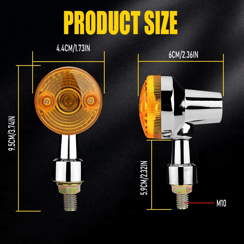 4X AMBER TURN SIGNAL LIGHTS CHROME UNIVERSAL 10MM THREAD INDICATOR MOTORCYCLE - Image 2 of 4