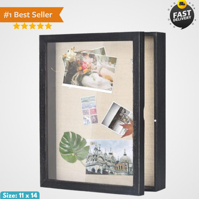 Deep Shadow Box 11x14,Wood Frame,Large Memory Box,Rustic Black | Front-Opening