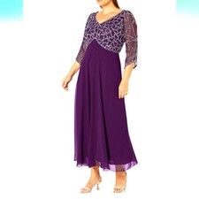 J Kara Women's Plus Size 3/4 Sleeve Geo Beaded Plum Purple Gown 18W New