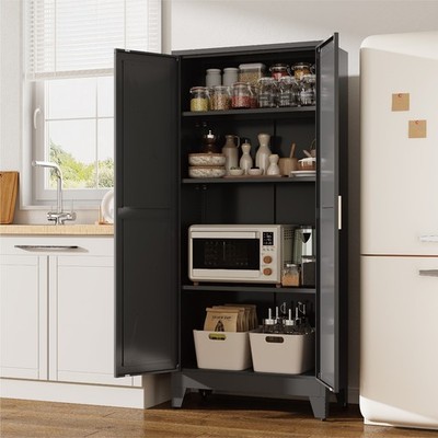 61'' Black Steel Storage Cabinet w/ 2 Doors & 3 Shelves for Kitchen Living Room