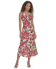 Calvin Klein White Multi Sleeveless V-Neck Floral Midi Dress Size 8 $134