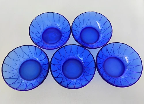HAZEL ATLAS NEWPORT HAIRPIN COBALT BLUE DEPRESSION GLASS CEREAL BOWLS SET OF 5