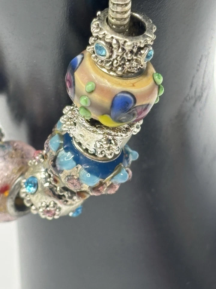 Glass Bead Charm Bracelet Silver Tone Multi-Colored Toggle Clasp Fashion Jewelry - Image 4 of 4