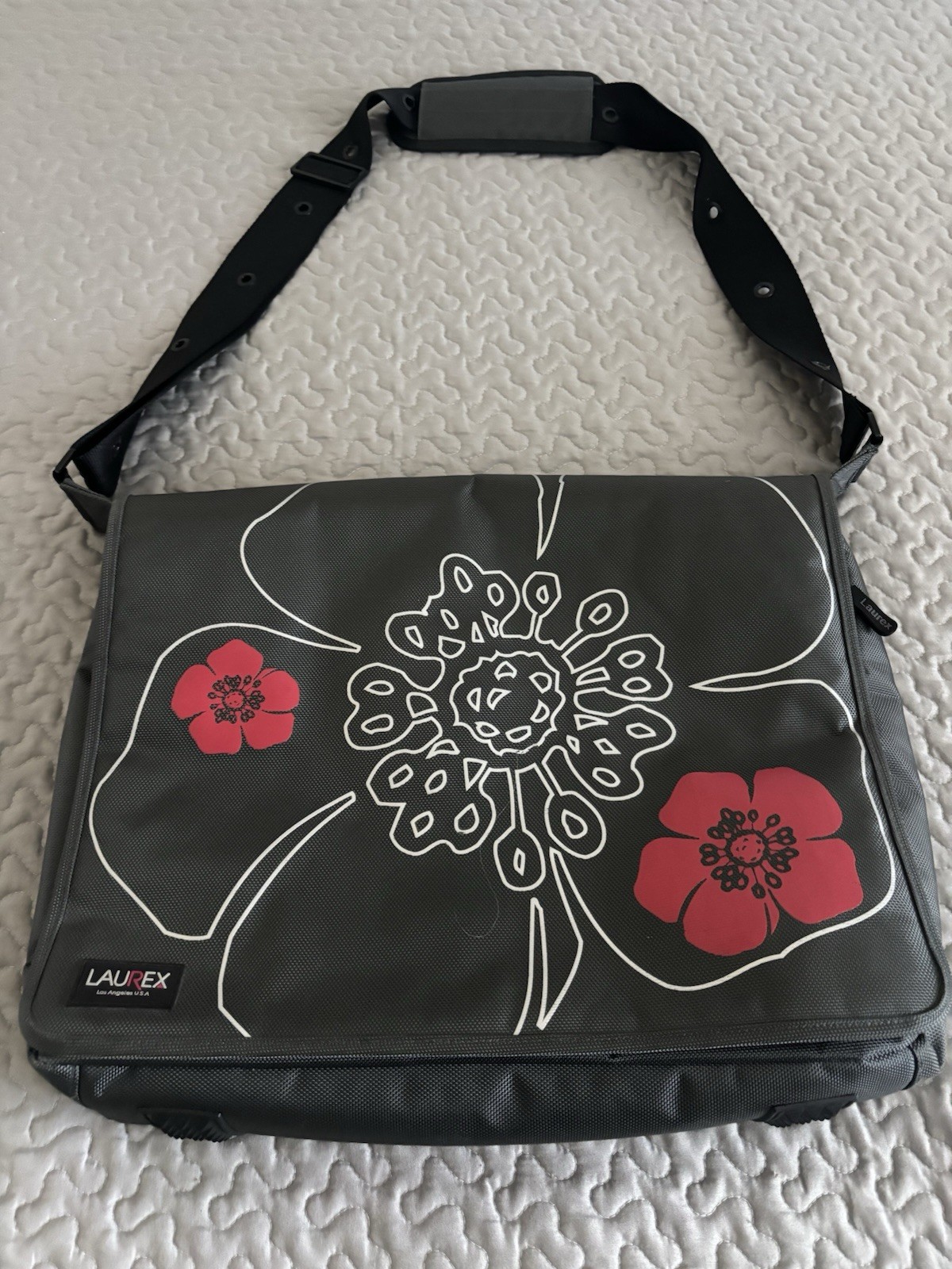 Laurex Messenger Bag Gray Floral 17" Laptop Documents Organi