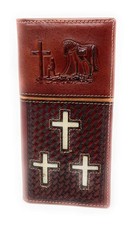 Western Genuine Leather Basketweave Metal Concho Mens Long Bifold Wallet in M...
