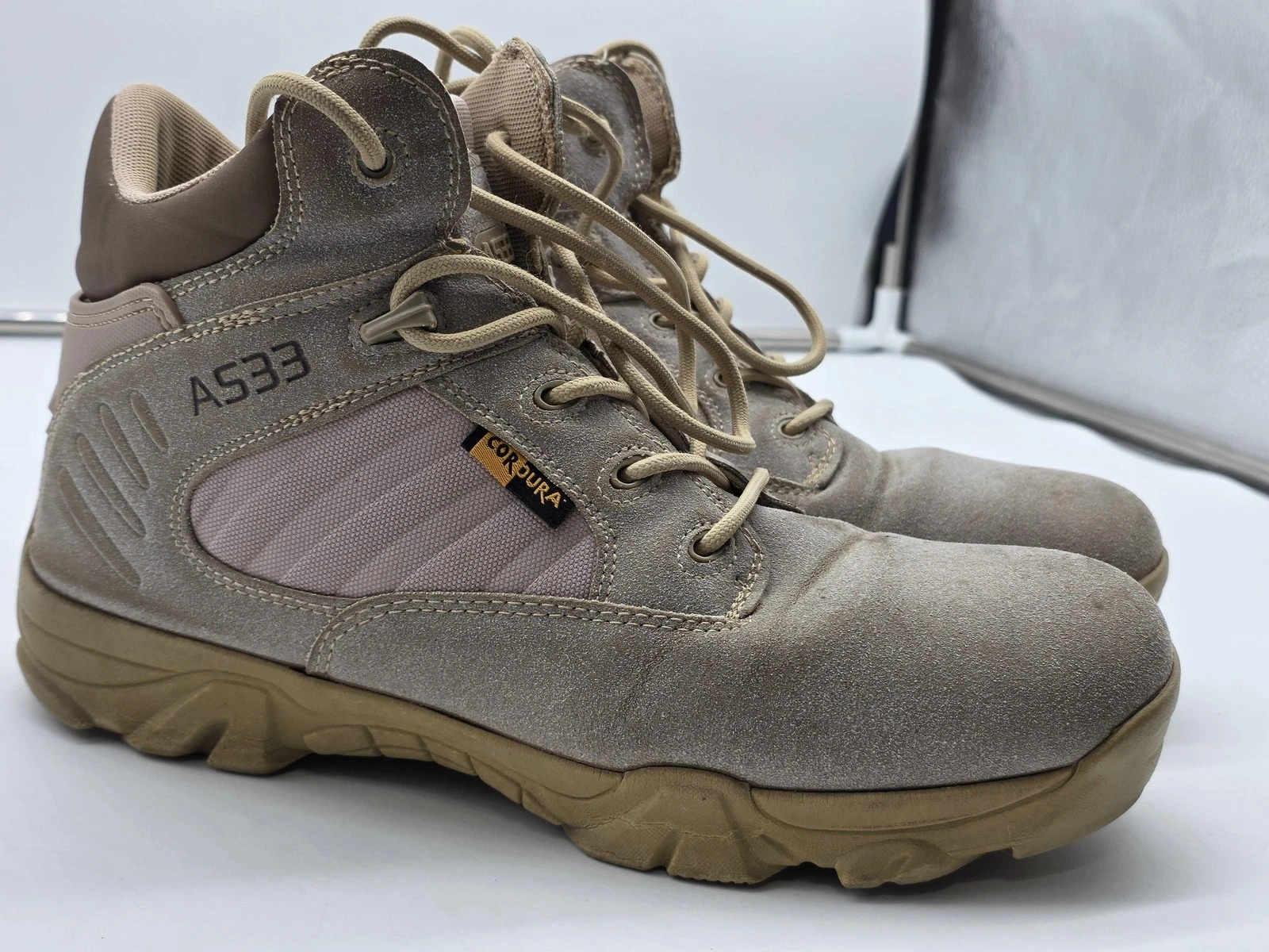AS33 Boots Mens Size 9.5 Beige Suede Combat Side Zip Cordura Outdoor Stains