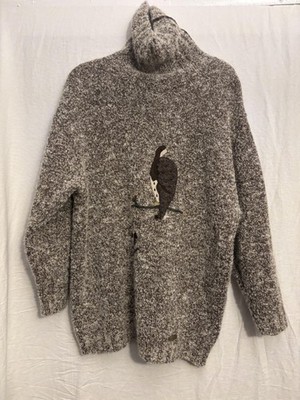 Giesswein Sweater Womens 8 Gray Wool Mohair Turtleneck Bird Knit Applique Nature