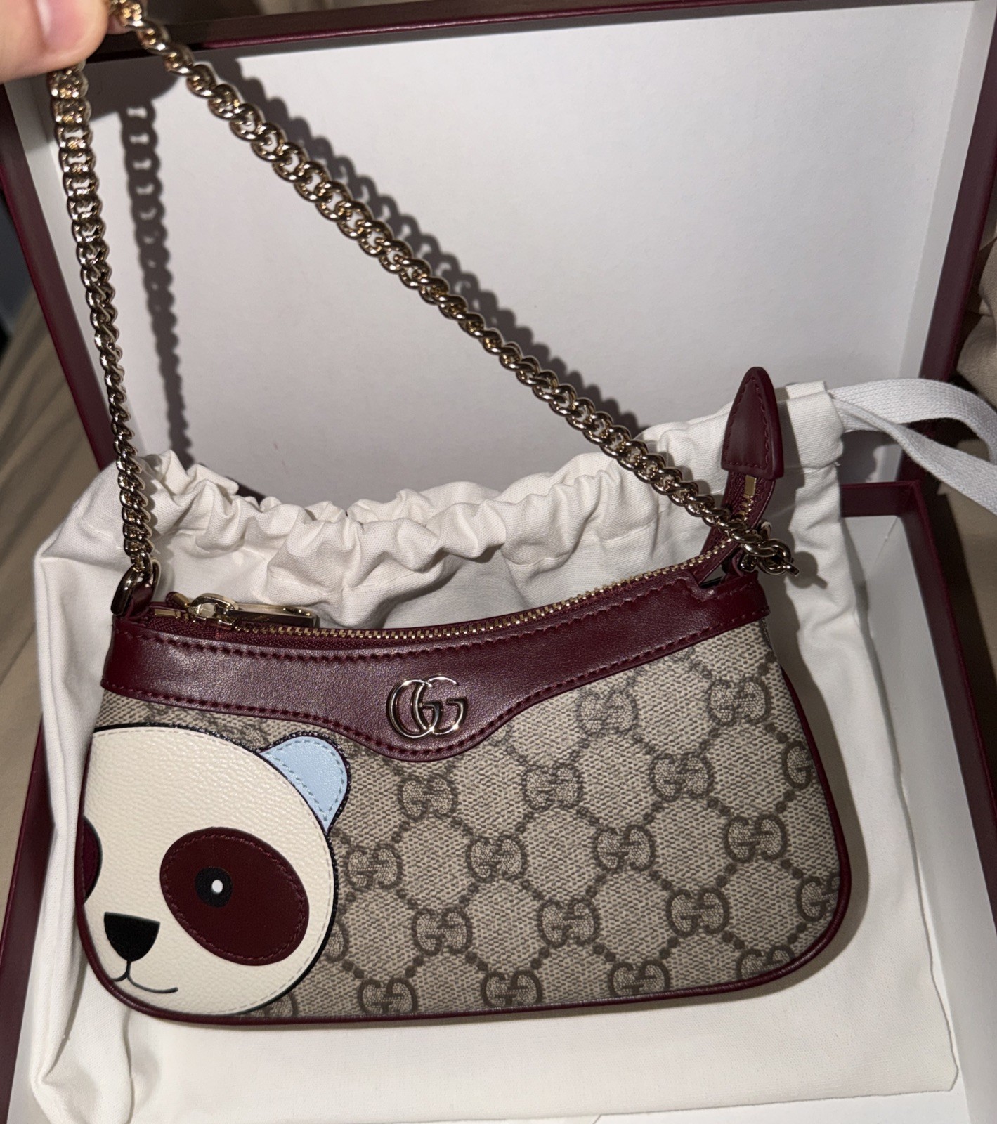 New Gucci GG Supreme Icon Panda Mini Bag with gold chain image 5