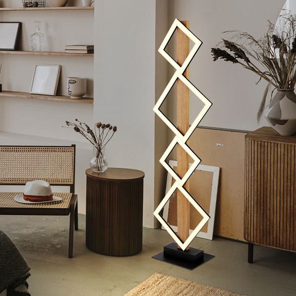 Stehleuchte Standlampe Wohnzimmerleuchte Led Holz Natur Schwarz Quadrate H 103Cm-image