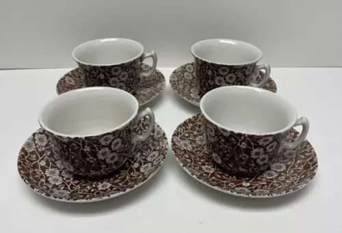 Set of 4 Crownford Staffordshire Calico Brown Teacups + Saucers
