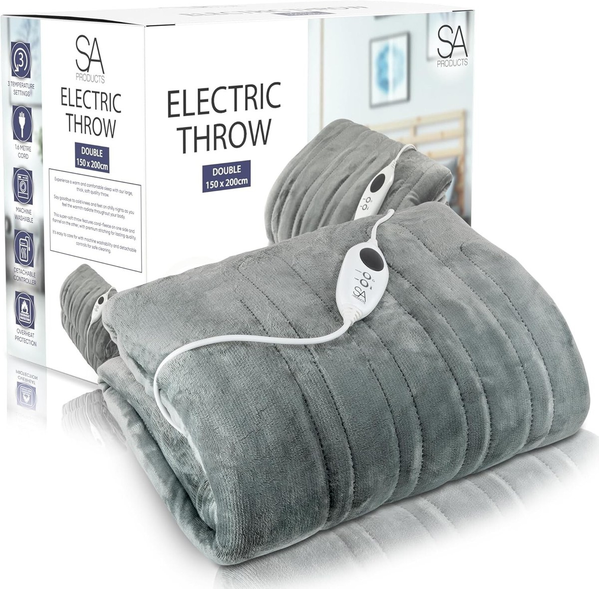 Electric Heated Throw Blanket Soft Fleece Grey 150x200cm Heat