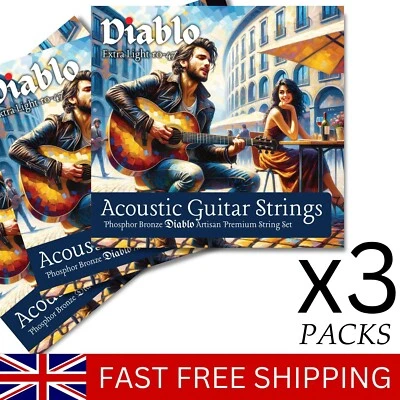 Diablo Acoustic Guitar Strings 3x Sets Packs Phosphor Bronze 10-47 Extra Light