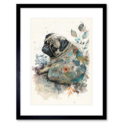 Pug Dog Floral Pattern Modern Watercolour Framed Wall Art Print Picture 12X16