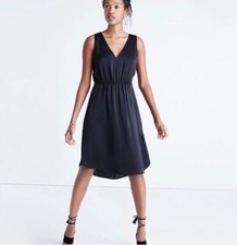 NWT Madewell nightout black silk satin dress v neck elastic waist 0 Open Back