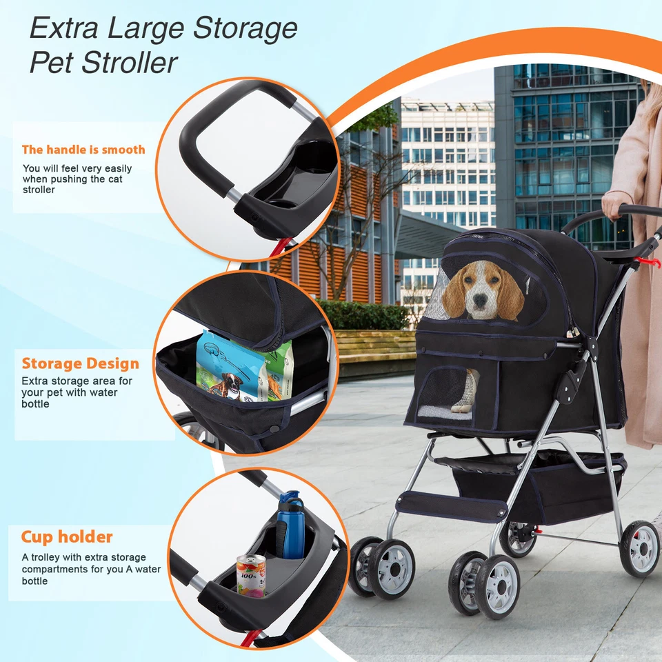 4 Wheels Pet Stroller Dog Cat Cage Jogger Stroller for Medium Small Dogs Cats - Image 3 of 4