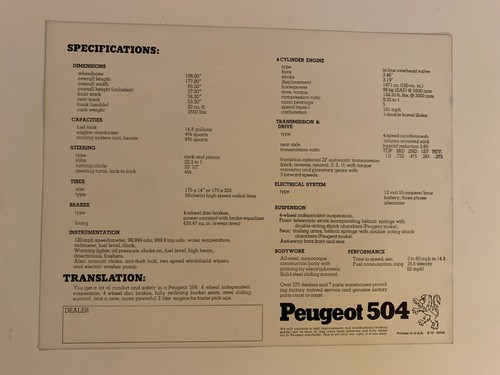 Vintage 1970 Peugeot 304 & 504 Sedan & Station Wagon Car Sales Brochure Catalog - Picture 5 of 8