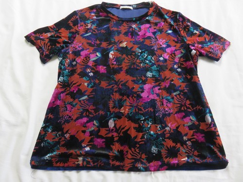 ZARA TRAFULUC NAVY & BURNT ORANGE FLORAL STRETCH VELVET SHORT SLEEVE TOP UK 12 - Afbeelding 1 van 9