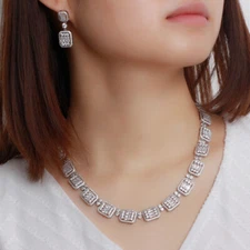 Dazzling Square Drop Earrings Necklace Silver Plated Women Bridal CZ Jewelry Set