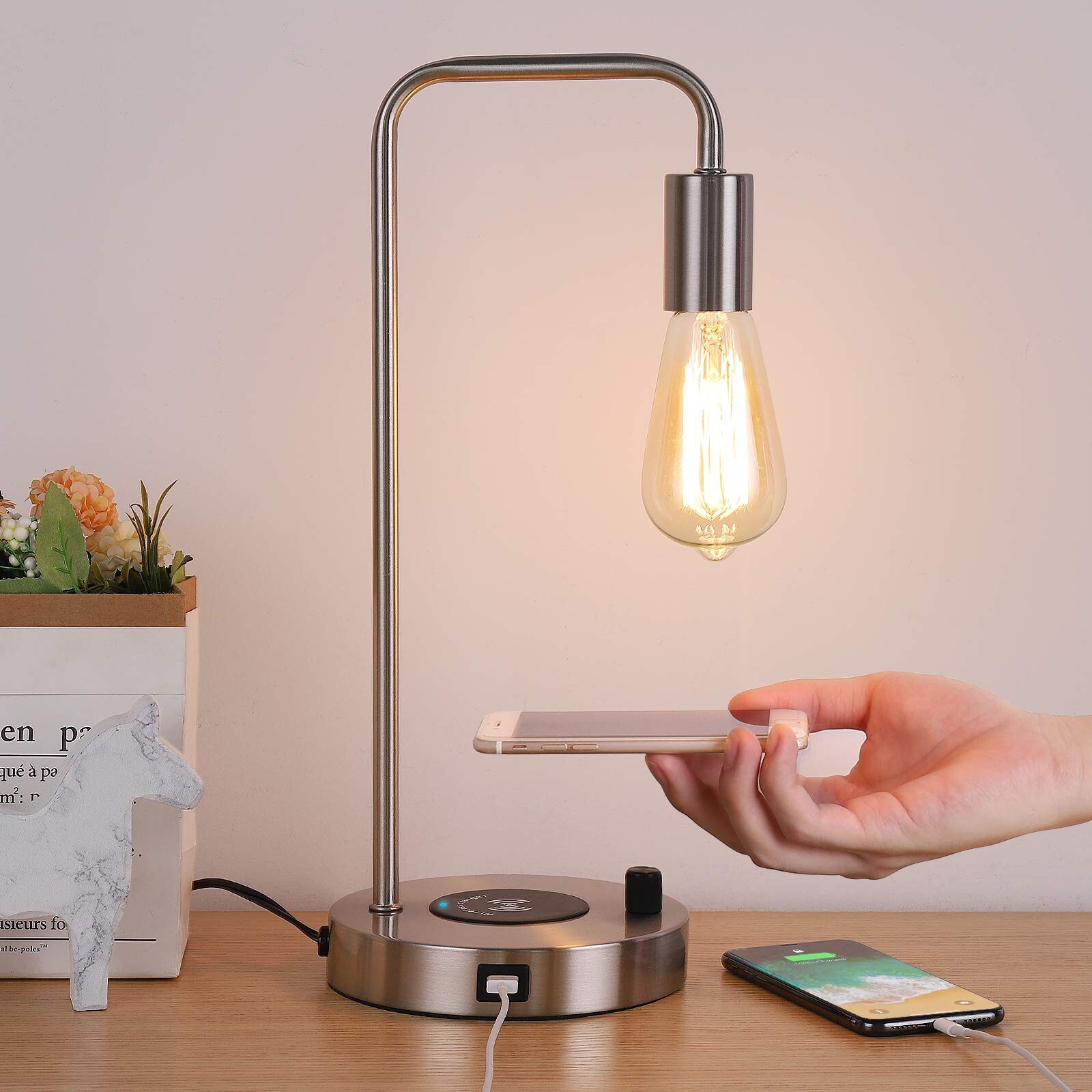 USB Desk Lamp – Table Lamp with Wireless Charging Pad and USB Port, Edison