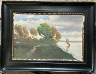 ::SAILBOAT ON THE COAST °AUTUMN ART NOUVEAU FRAME °SHORE LAKE WATERS AROUND 1920 OIL