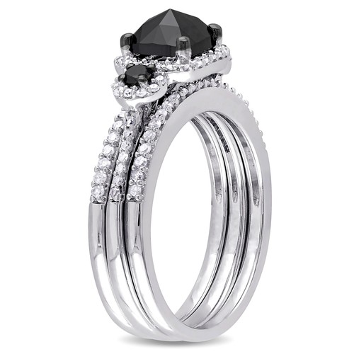 Amour Sterlingsilber Kissenschliff schwarz & weiß Diamant Heiligenschein Braut Ring Set - Bild 2 von 6