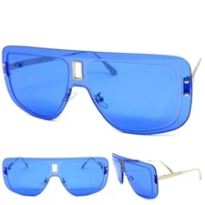 Oversized Classic Modern Retro Shield Raver SUN GLASSES Silver Frame Blue Lens