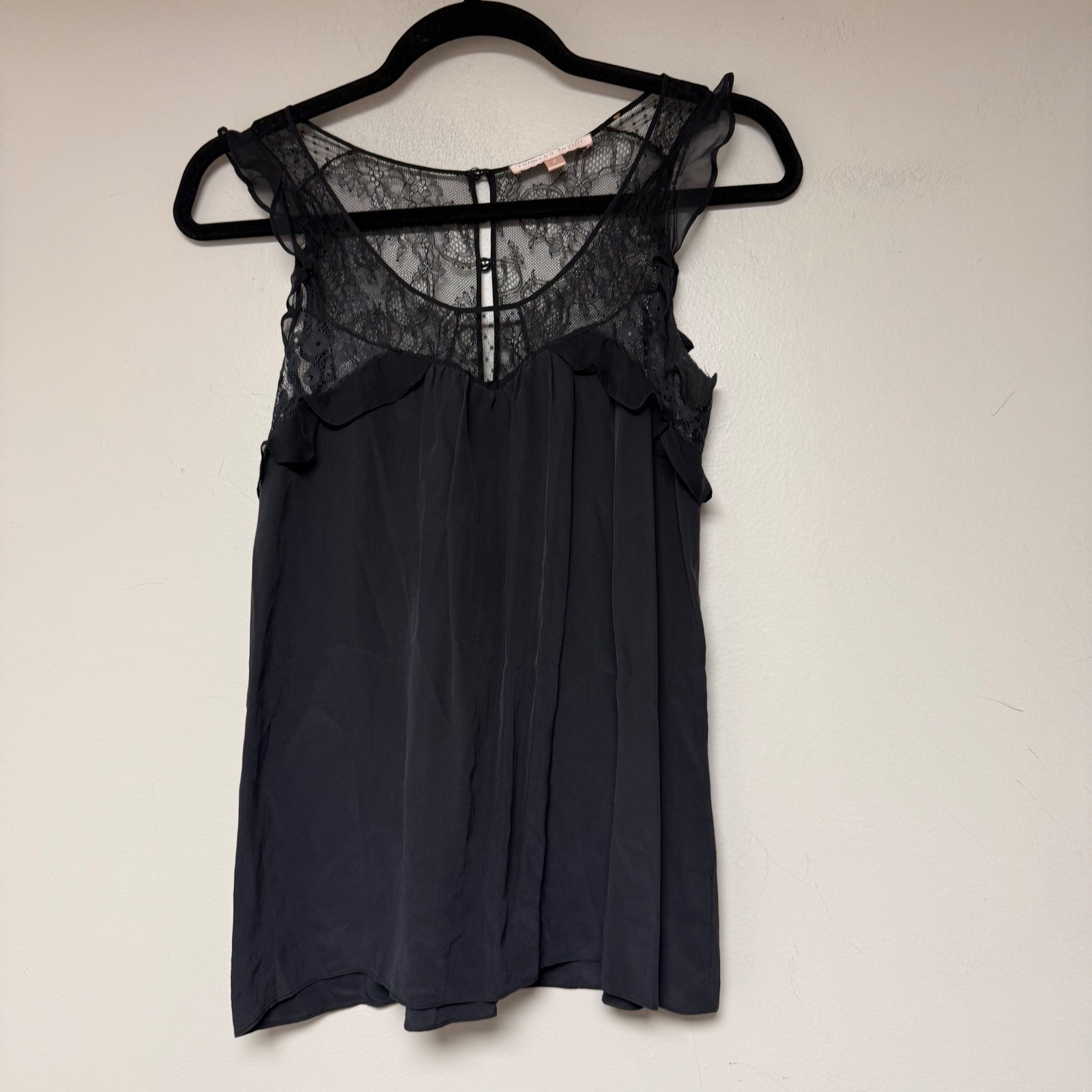 Rebecca Taylor Black Lace Trim Silk Tank Top Blouse Women's Size 2
