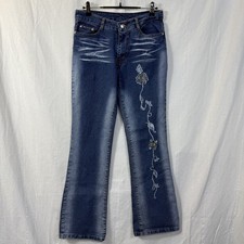 Pantalones de mezclilla para mujer BoYu talla 28 tiro medio acampanados bordados lavado medio Y2K Fairy Grunge