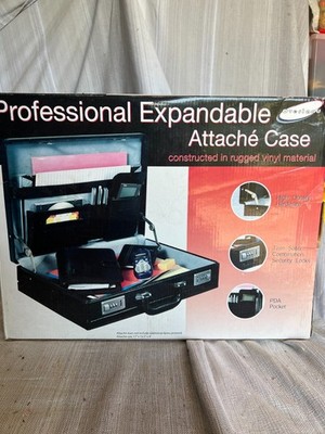 New Professional Expandable Attache Case Black Vinyl Dual Combination Locks 17''