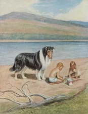 Rough Collie "Beach Day" - CUSTOM MATTED - Vintage Antique Color Dog Art Print