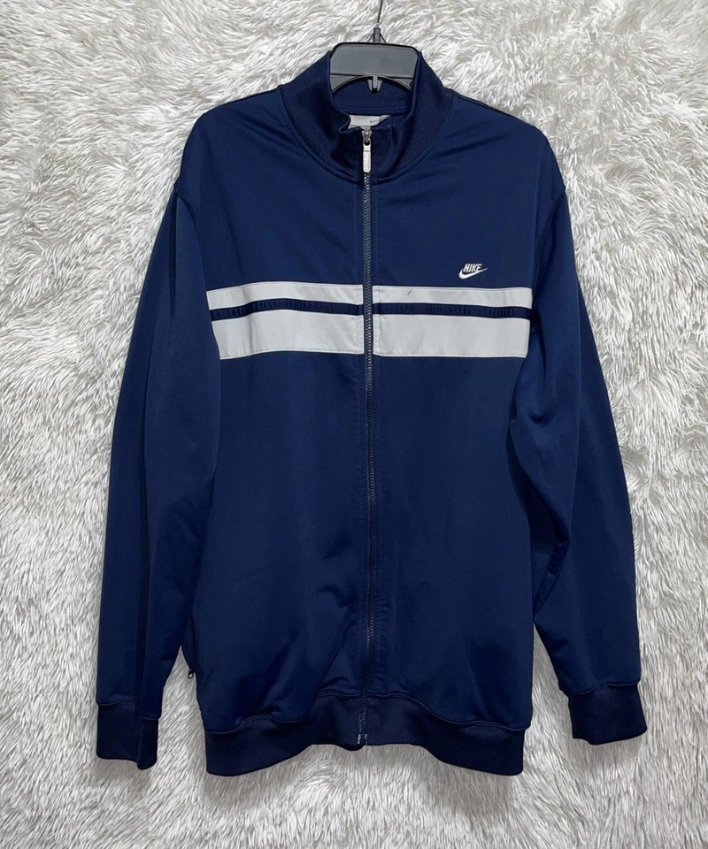 复古耐克田径夹克男式 XL 蓝色白色全拉链 Swoosh 标志口袋 — 第 2/4 张图片