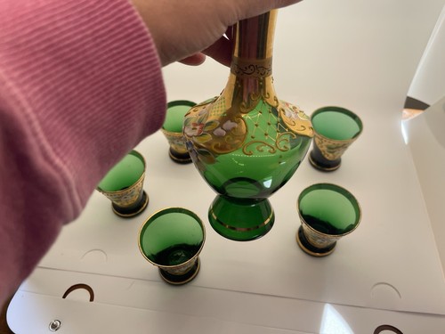 Bohemian Emerald Green Gold Gilt Hand Painted Decanter & 5 Cordials MCM Set - Picture 6 of 23