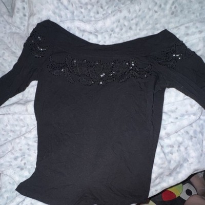 Cache Black Knit Off-the-Shoulder 3/4 Sleeve Embroidered Tunic Blouse M