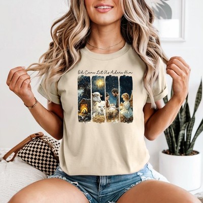 Oh Come Let Us Adore Him Nativity Christmas Holidays Damen T-Shirt Aquarell