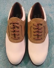 Footjoy Men's Golf Shoes Size 8W White/Tan Brown Soft Spikes Preowned Never Worn