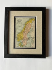 1899 Map of NORWAY, SWEDEN & DENMARK, Framed & Double Mat SEE DESCRIPTION